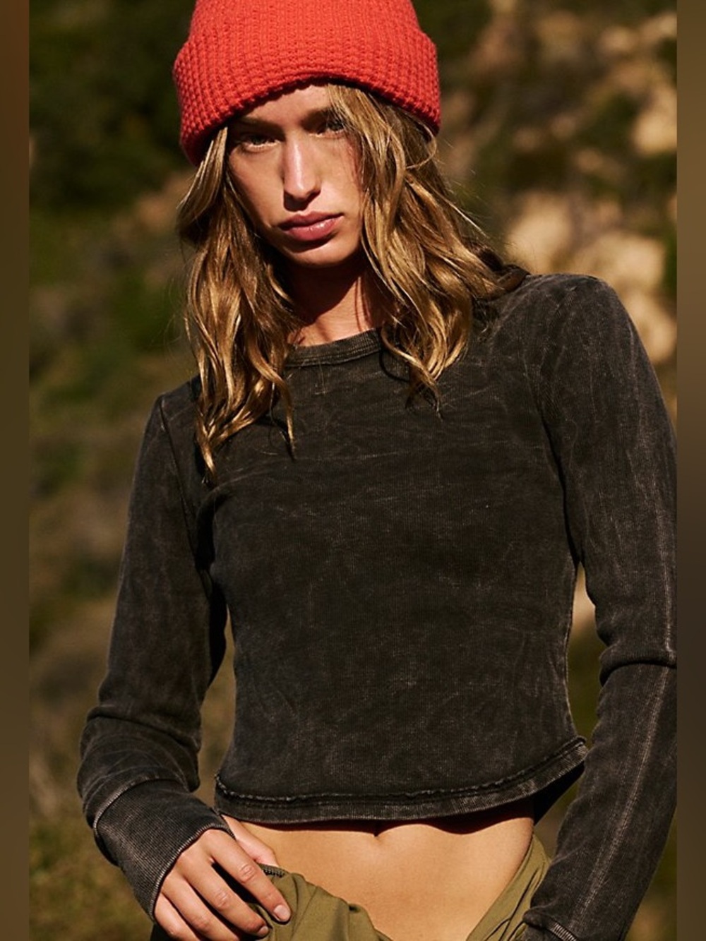 Free People Black Ribbed Long-Sleeve Baby Tee